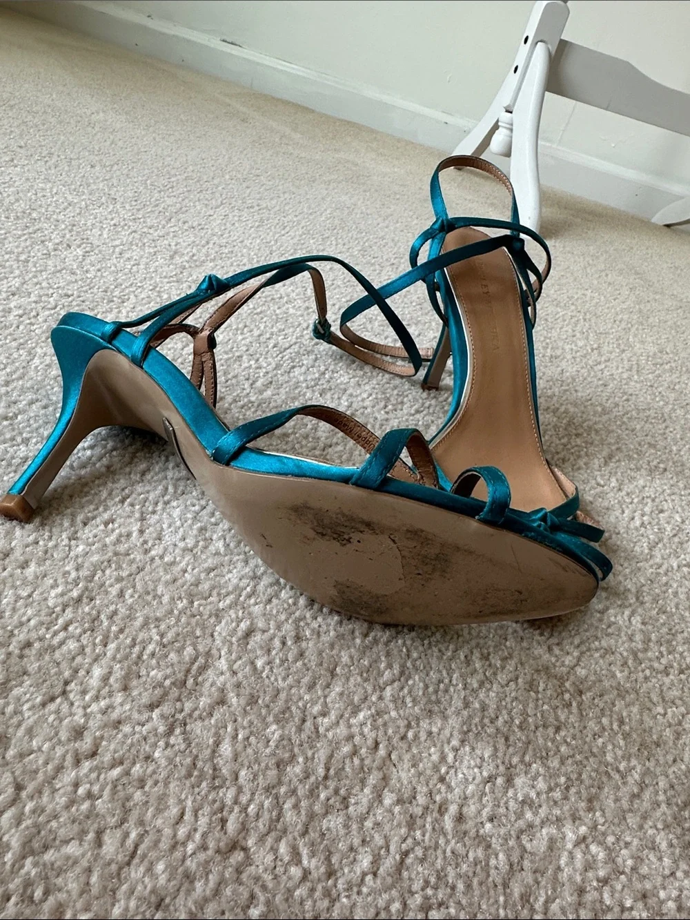 Badgley Mischka Teal Satin Bow Ankle-Strap Heels